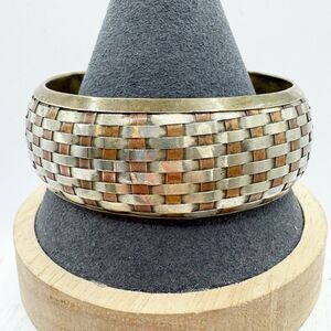 Vtg Woven Mixed Metal Brass Chunky Bangle Bracelet Boho Bohemian Copper Silver